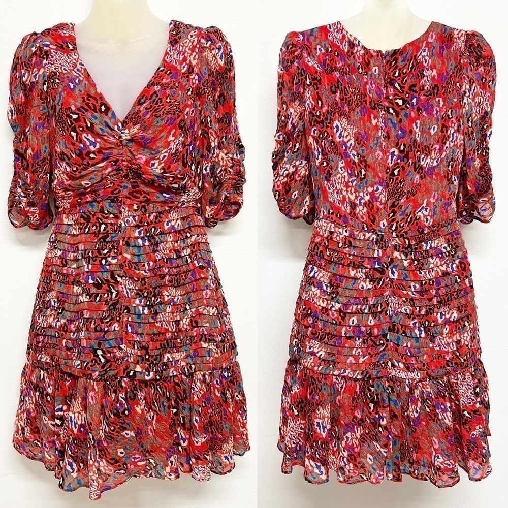 Tanya Taylor Womens Red Leopard Floral Print Pansy Silk Mini Ruffle Dress Sz 2 - Picture 2 of 10